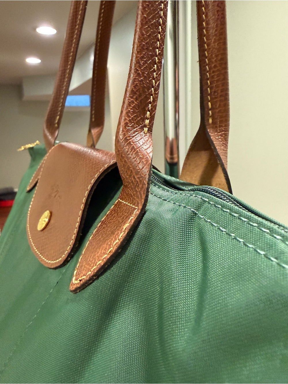 Longchamp Le Pliage Original M Tote British Green Brown Leather - Picture 4 of 15